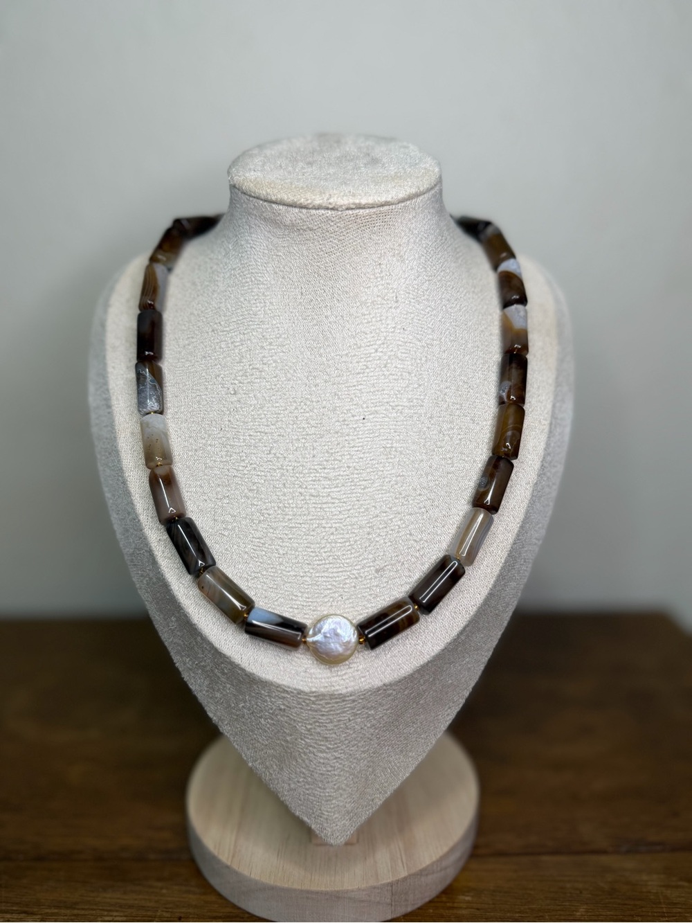 ARTISAN Brown Banded Agate Bead Necklace with Coin Pearl Accent